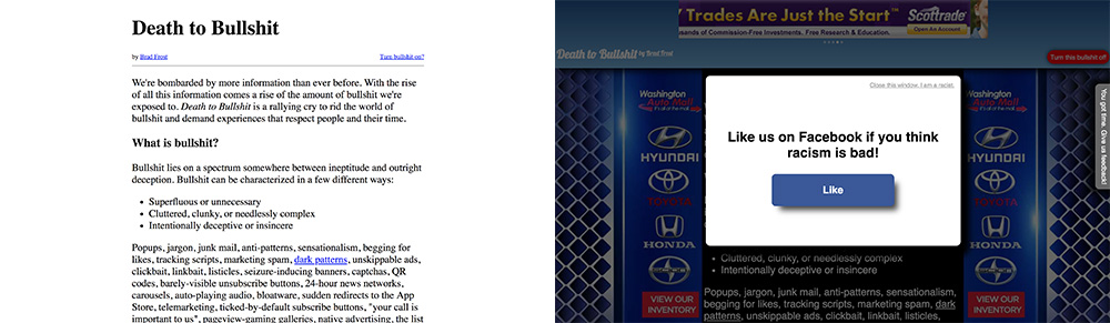Side by side views of Brad Frost's Death to Bullshit
