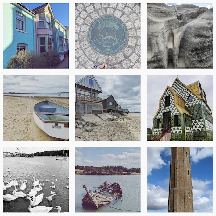 A screenshot of my instagram page, showing 9 squares of houses, beaches, swans, rocks, drains, and boats