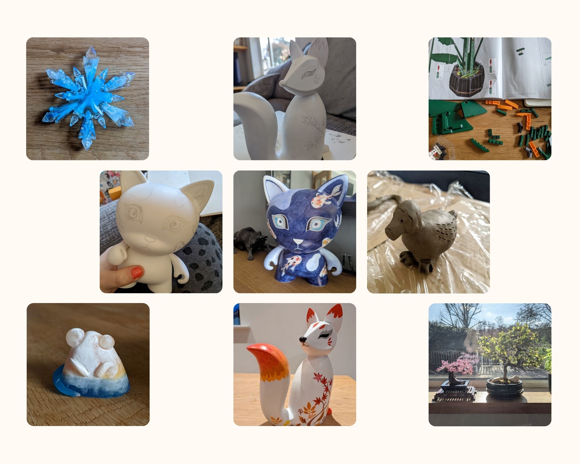 A set of images featuring resin figures, a snowflake, Lego botanicals sets, painted figures, and more.
