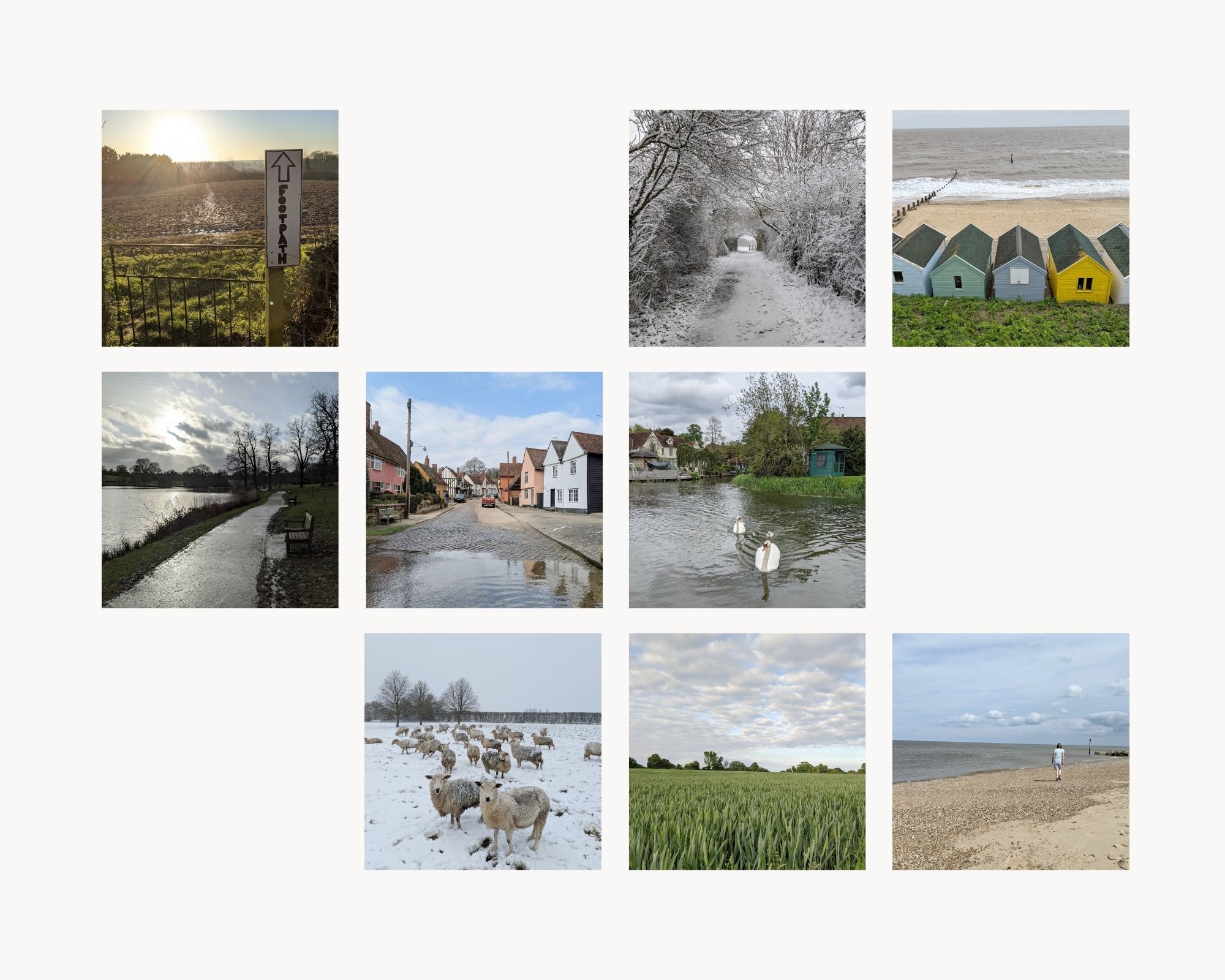 An assortment of shots taken on walks, including in the snow, of vast open fields, seas and lakes