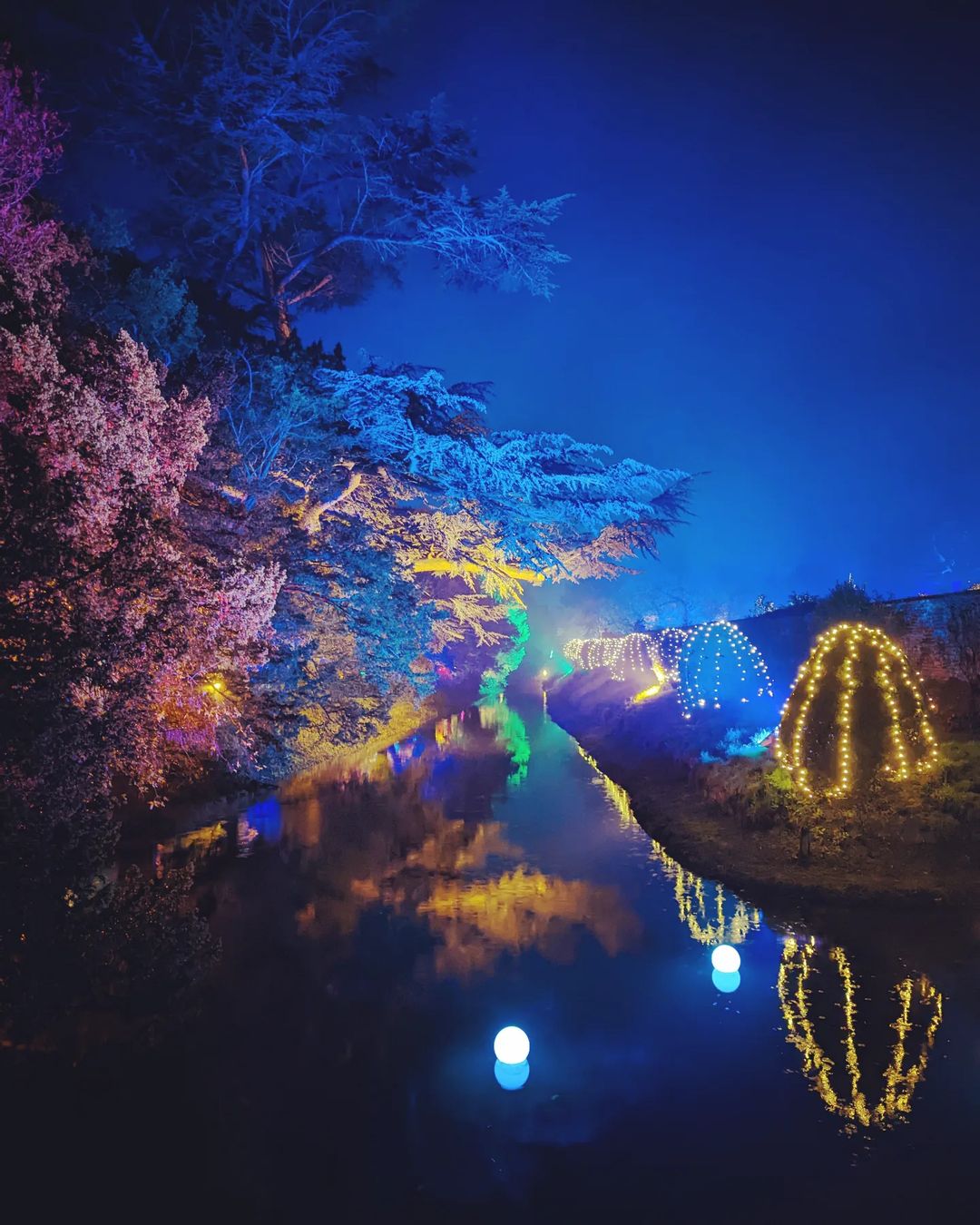 A misty night, looking down a watery moat where either side trees and bushes are lit up in pastel colours. The water is still and there are lit reflections, plus two illuminated floating white balls.