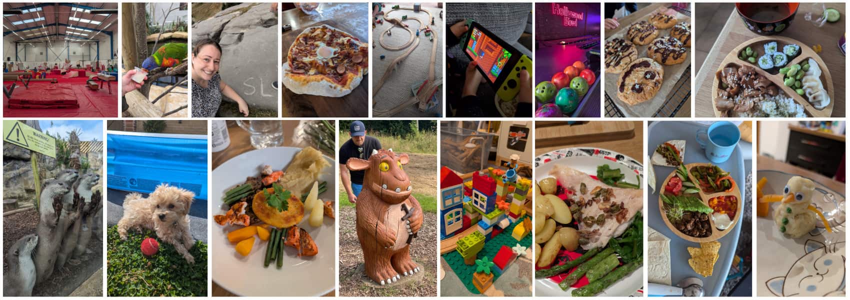 A photo collage of facets of family life, including assorted toddler meals, a statue of the Gruffalo's child, bowling, a maltipoo puppy, otters and feeding a lorikeet at the zoo, and a gymnastics hall with red flooring