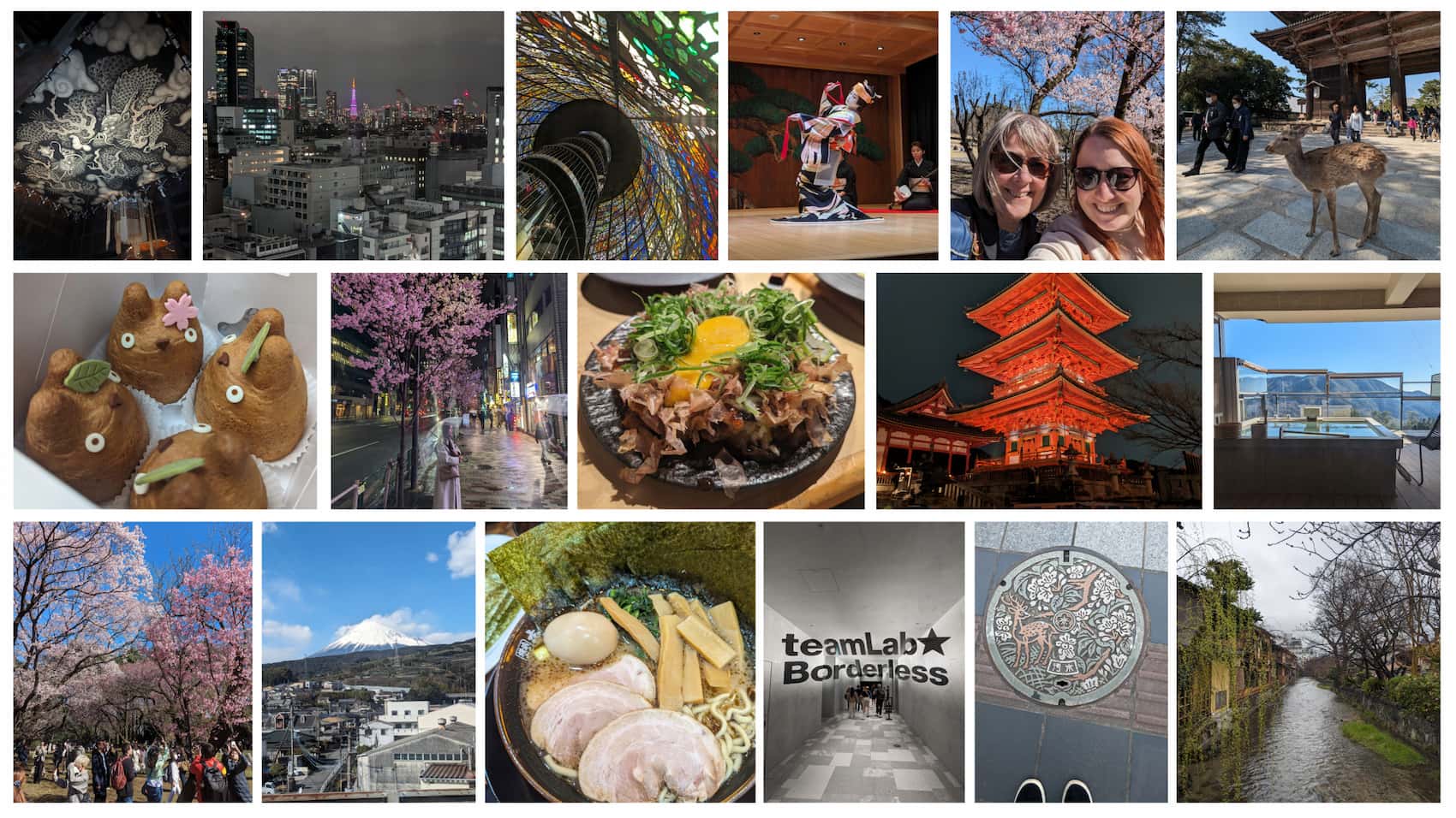 A photo collage of 17 images from time in Japan, including me and my mum, a deer standing in front of a shrine building, a geisha performing, sakura, an ornate manhole cover, ramen, okonomiyaki, and more.