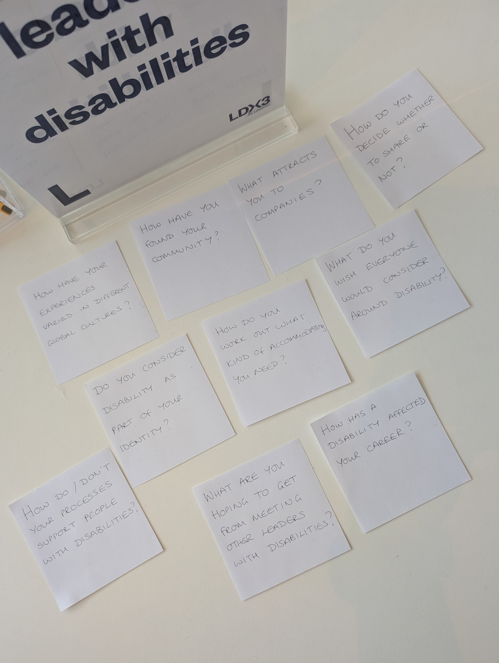 A view of sticky notes on a white table. The questions are included in the following list