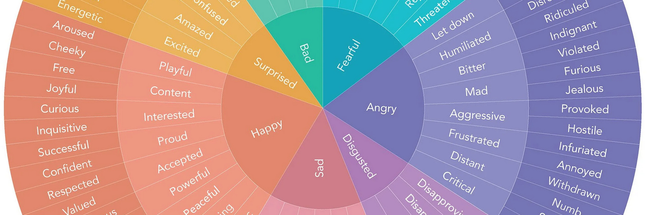 The centre of the linked Feelings Wheel, showing the primary emotion, and a cut down list of the second and tertiary ones